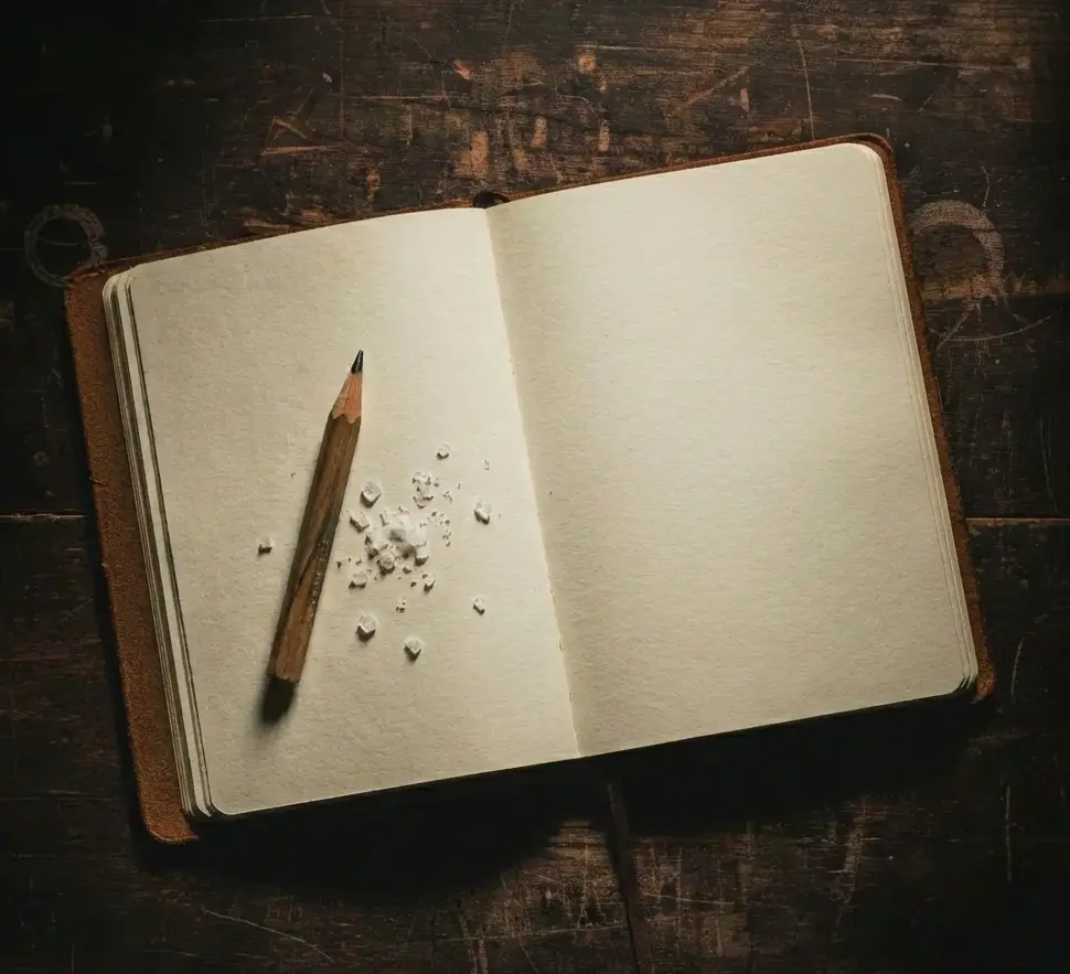 Un taccuino modello Moleskine, con pagine bianche, una matita e dei grani di sale grosso: prendi contatti con Cucino di Te, chef a domicilio per Varese e provincia.