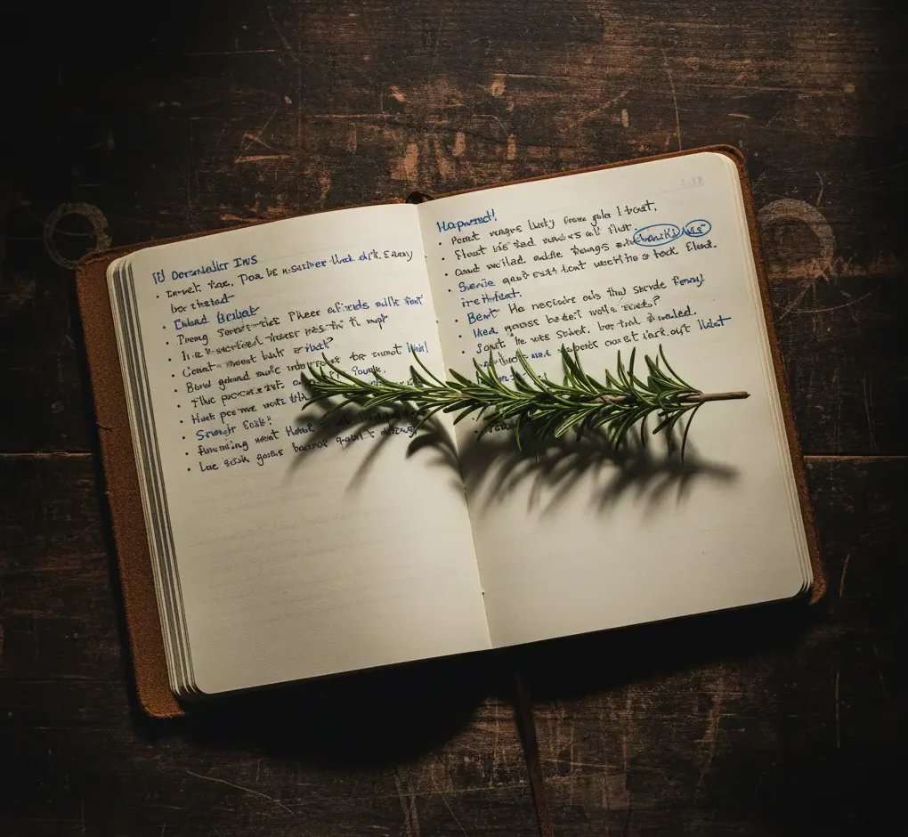 taccuino del giornalista con rosmarino Un taccuino modello Moleskine, con appunti scritti in bell'ordine, quasi a voler prendere nota di un menù su misura, simboleggiato dal ramoscello di rosmarino. Un oggetto che appartiene a Cucino di Te, chef a domicilio per Varese e provincia.