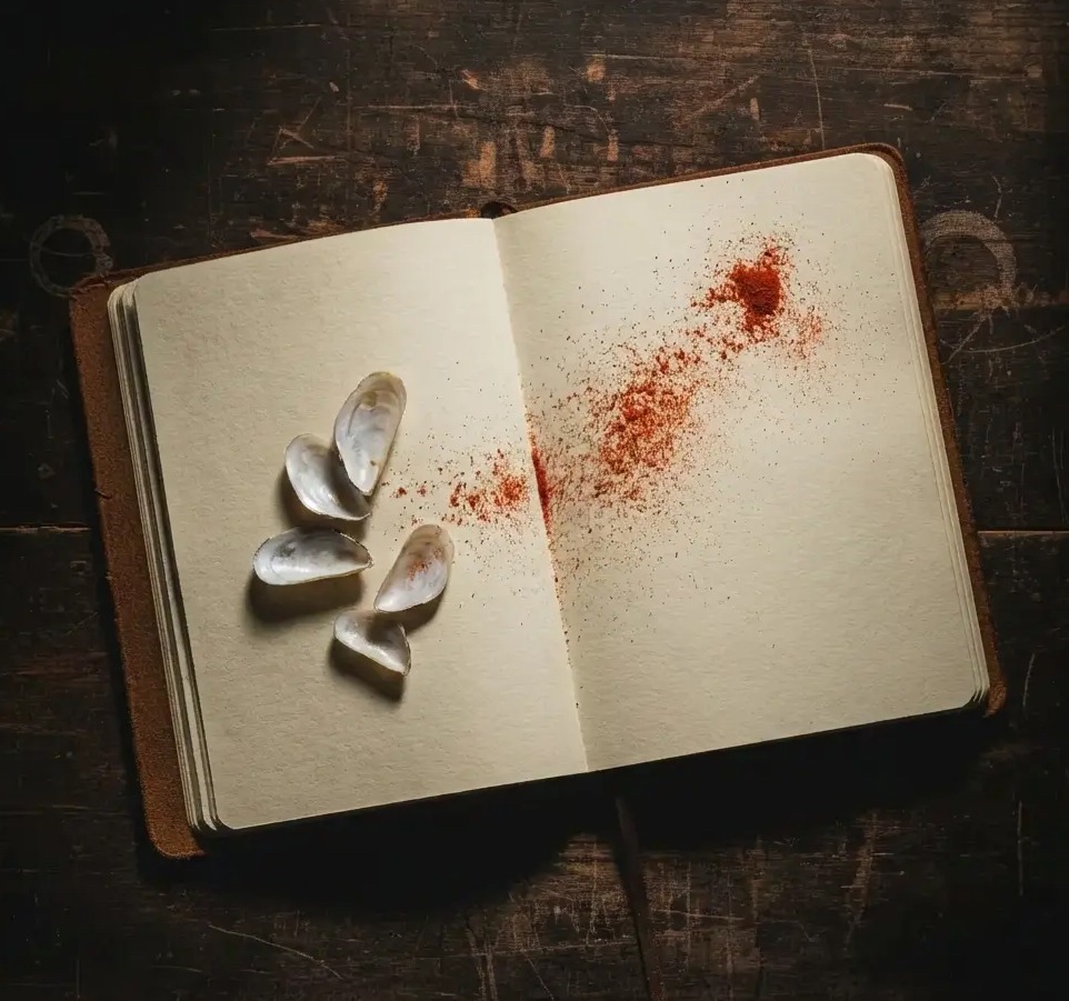 Un taccuino modello Moleskine, con pagine bianche, gusci di vongole, polvere di paprika: simboleggiano un'esperienza gastronomica tutta ancora da progettare. Un oggetto che appartiene a Cucino di Te, chef a domicilio per Varese e provincia.